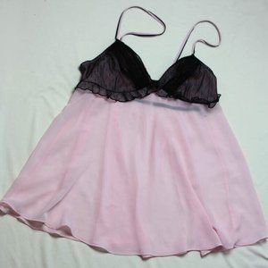 Pink Chiffon Chemise with Black Lace by Blossom Intimates - Size Large